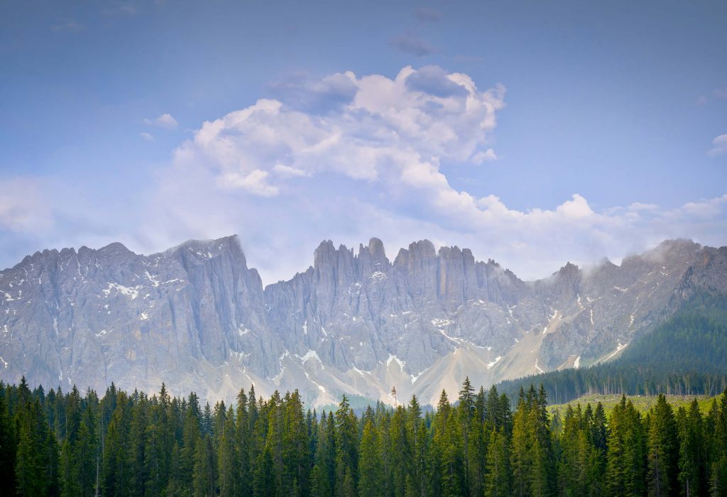 Montañas con árboles y nubes