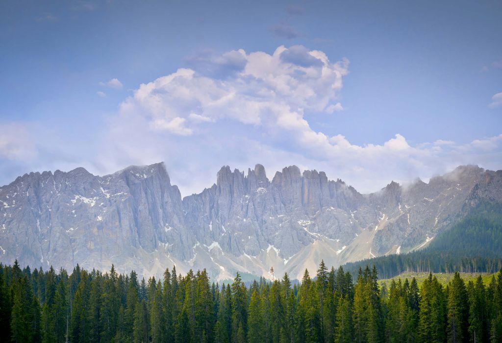 Montañas con árboles y nubes