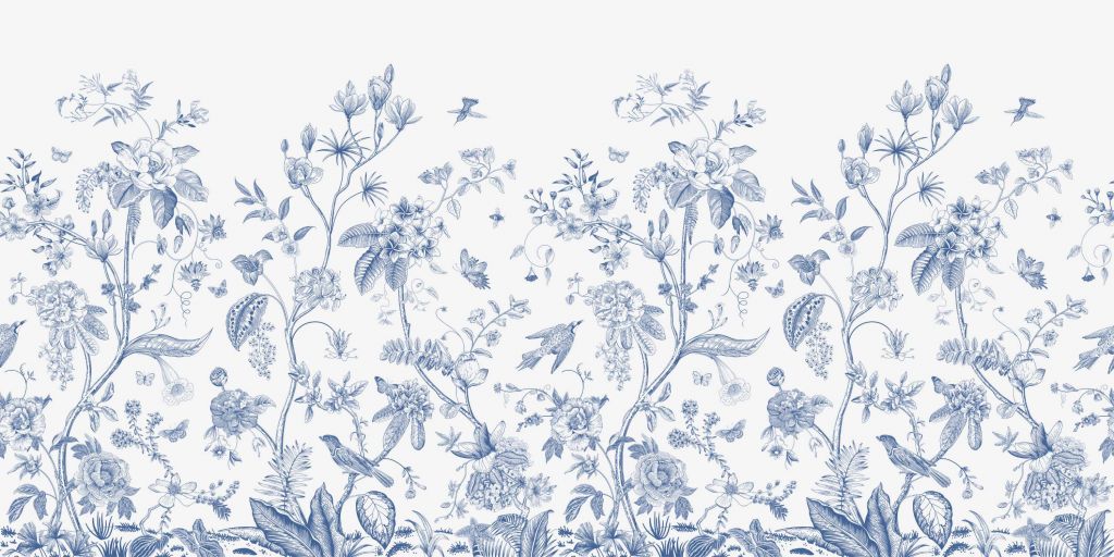 Ilustración floral, azul y blanco