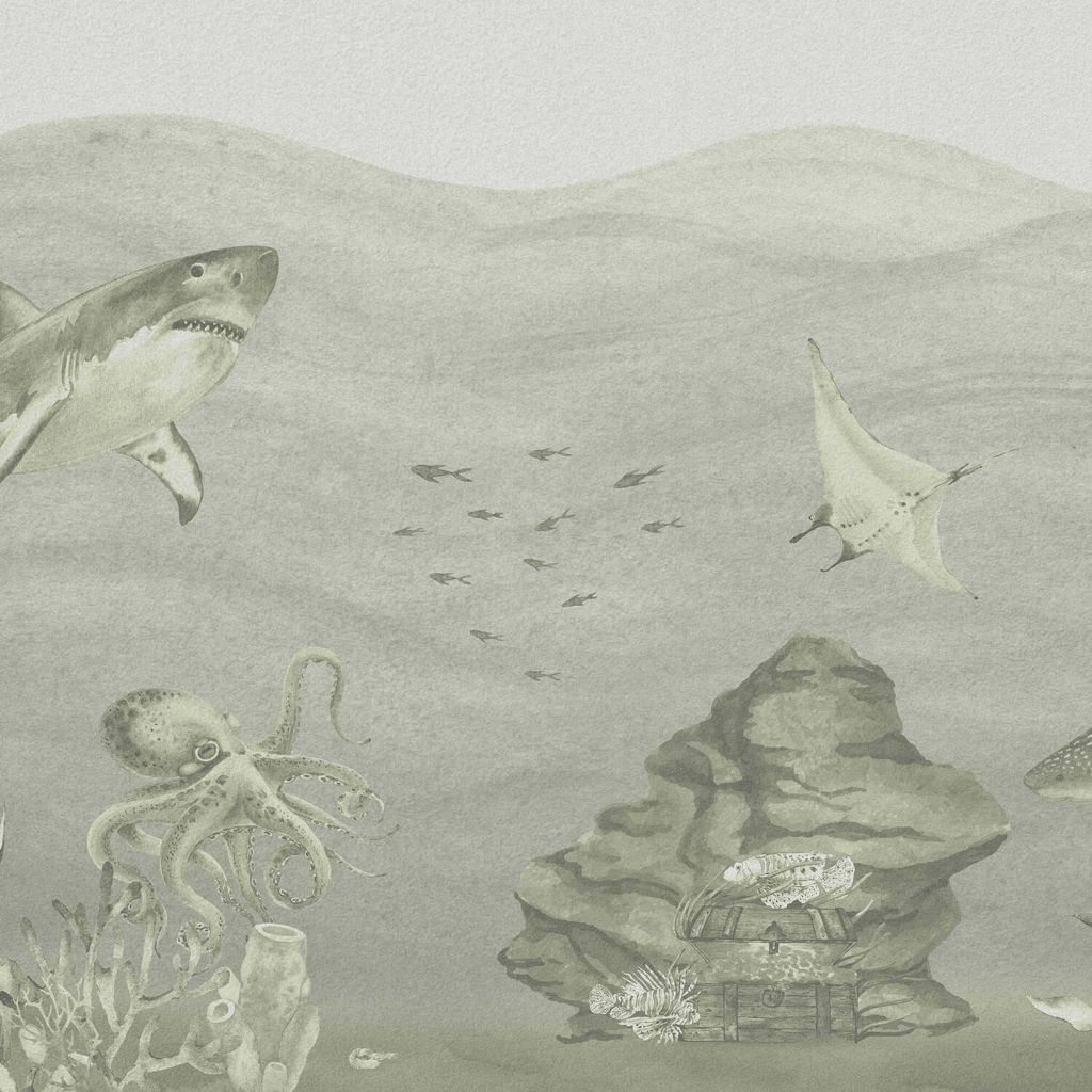 Mundo submarino con tiburones en verde