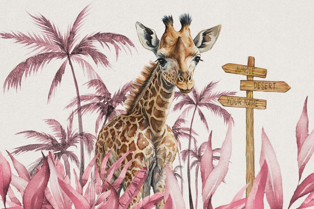 Jirafa bebé en la jungla rosa