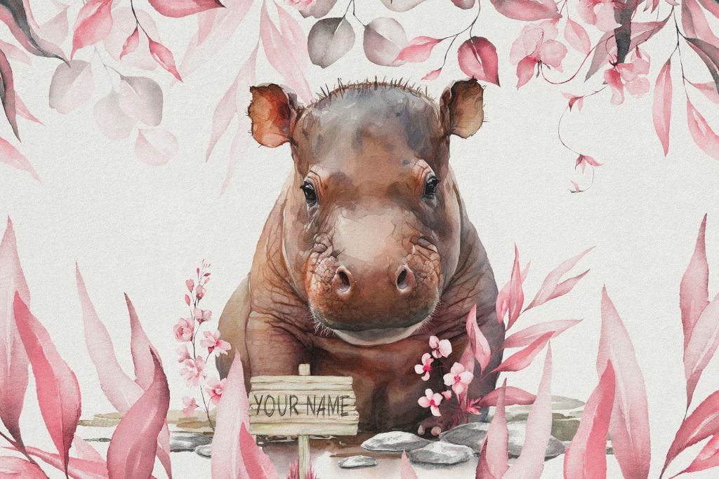 Bebé hipopótamo en las hojas rosa