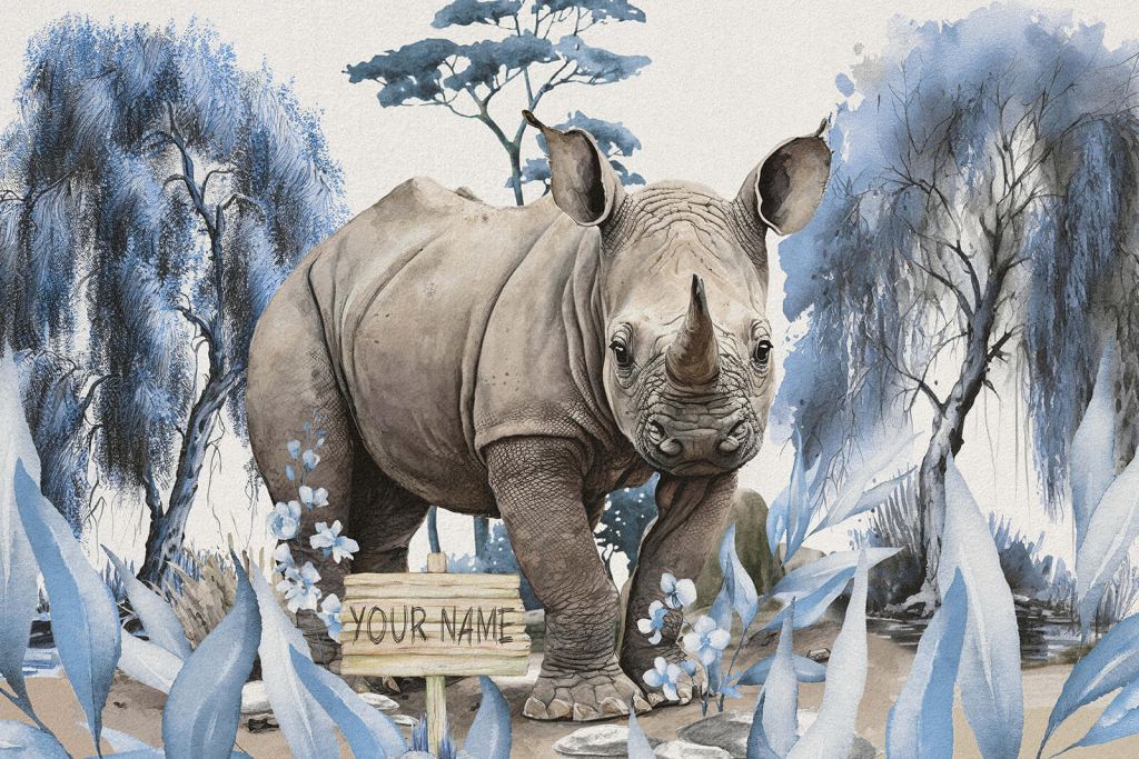 Bebé rinoceronte en la sabana azul