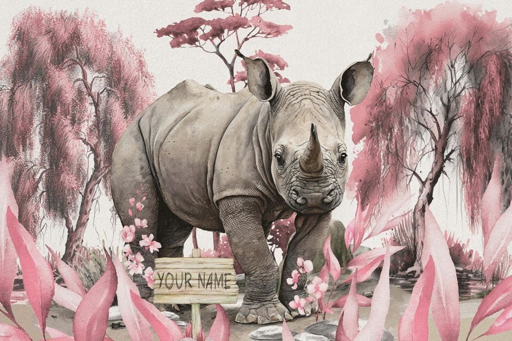 Bebé rinoceronte en la sabana rosa