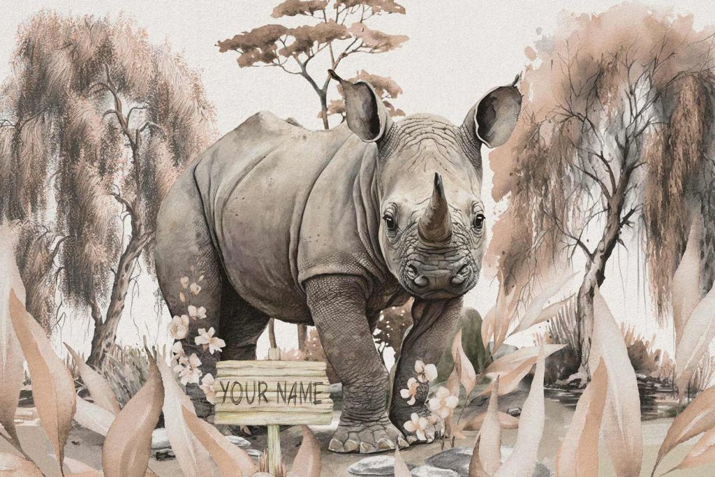 Bebé rinoceronte en la sabana topo