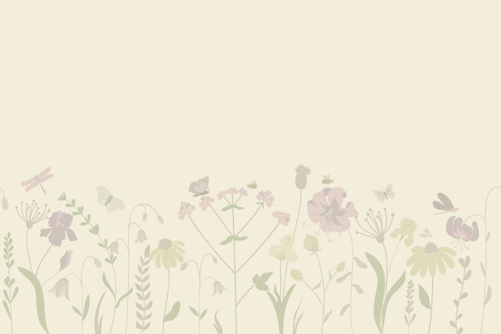 Campo de flores con mariposas beige y rosa viejo