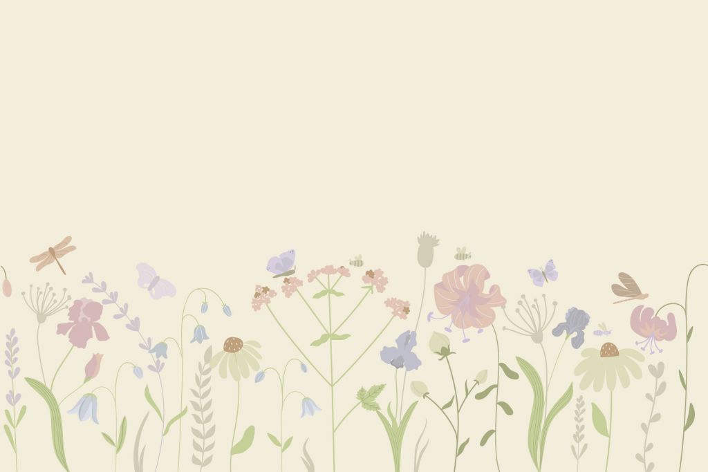 Campo de flores con mariposas beige, rosa viejo, verde y lila