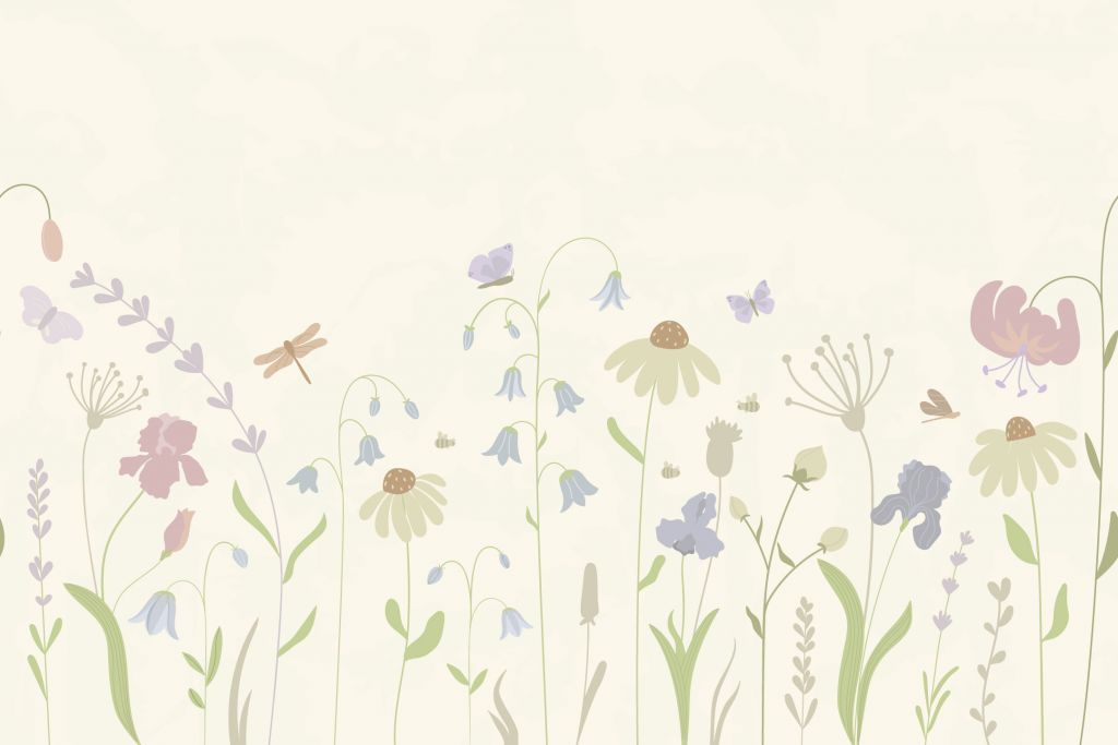 Campo de flores en alto con mariposas beige, rosa viejo, verde y lila