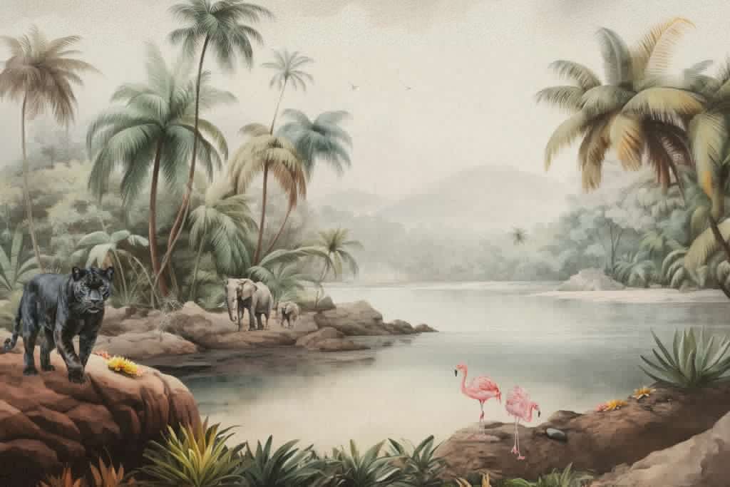Paisaje selvático con animales en color