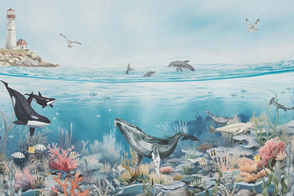 Paisaje oceánico con animales en color