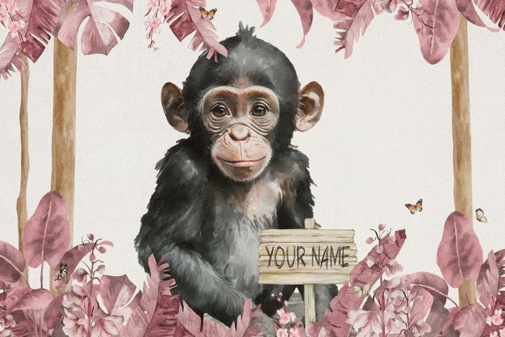 Bebé chimpancé en la selva rosa