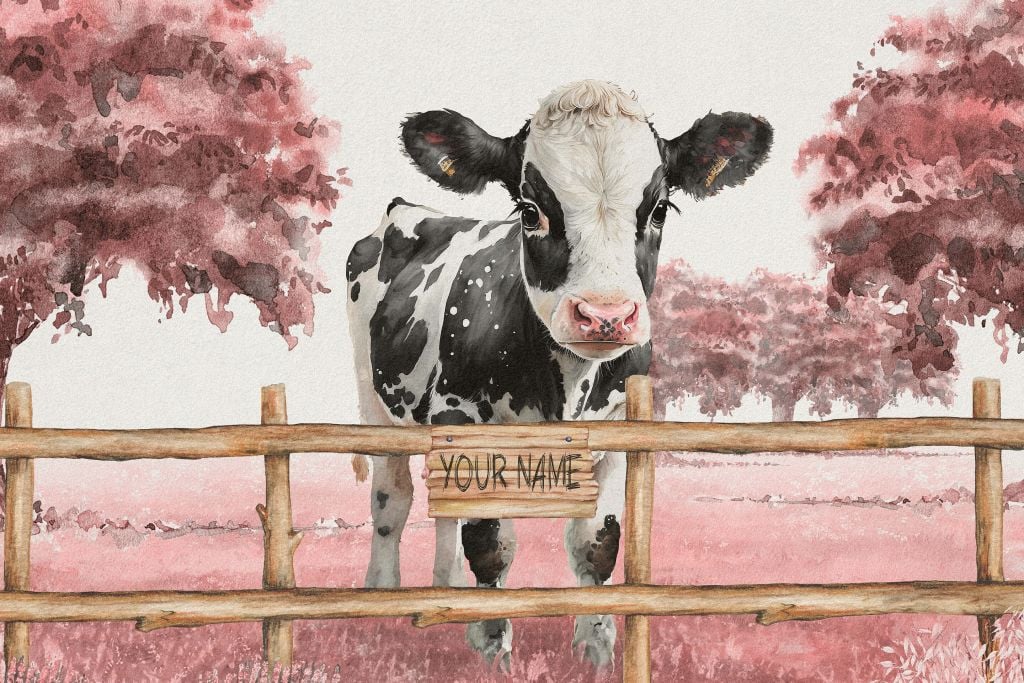Vaca joven en un prado rosa