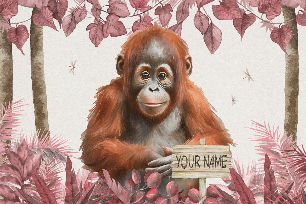 Joven orangután en la selva rosa