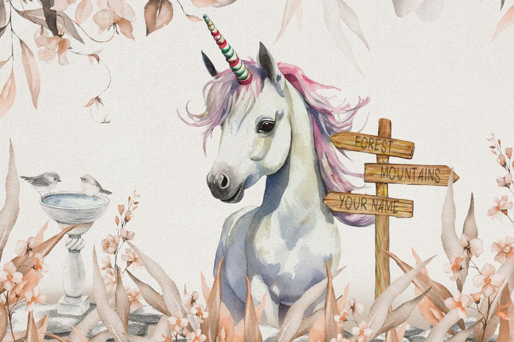 Bebé unicornio con plantas gris topo