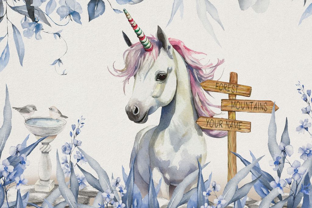 Bebé unicornio con plantas azul