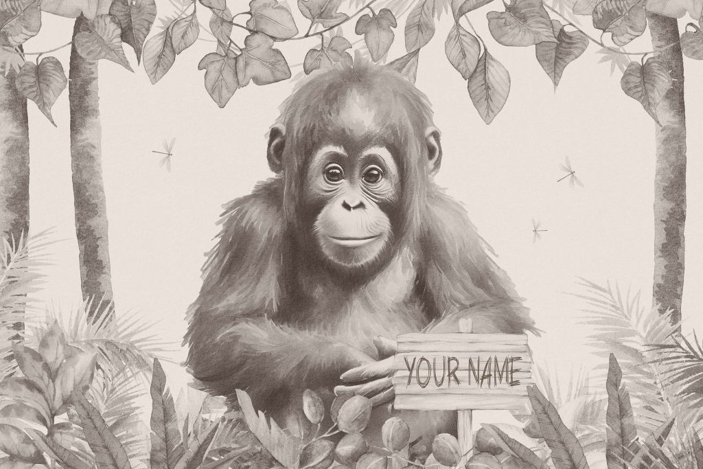 Bebé orangután en la selva beige