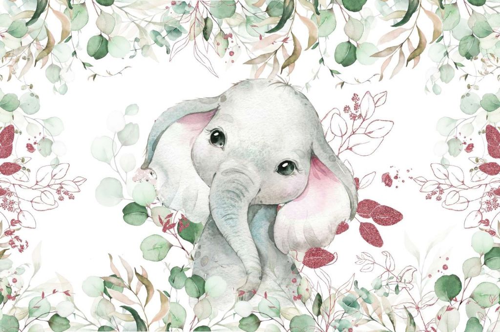Bebé elefante con hojas de menta y rosa