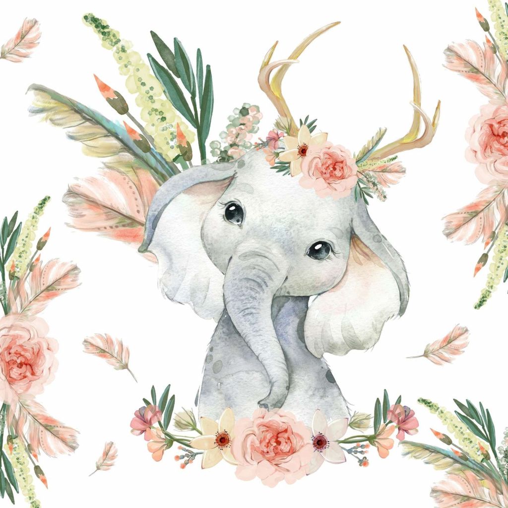 Bebé elefante flores rosas
