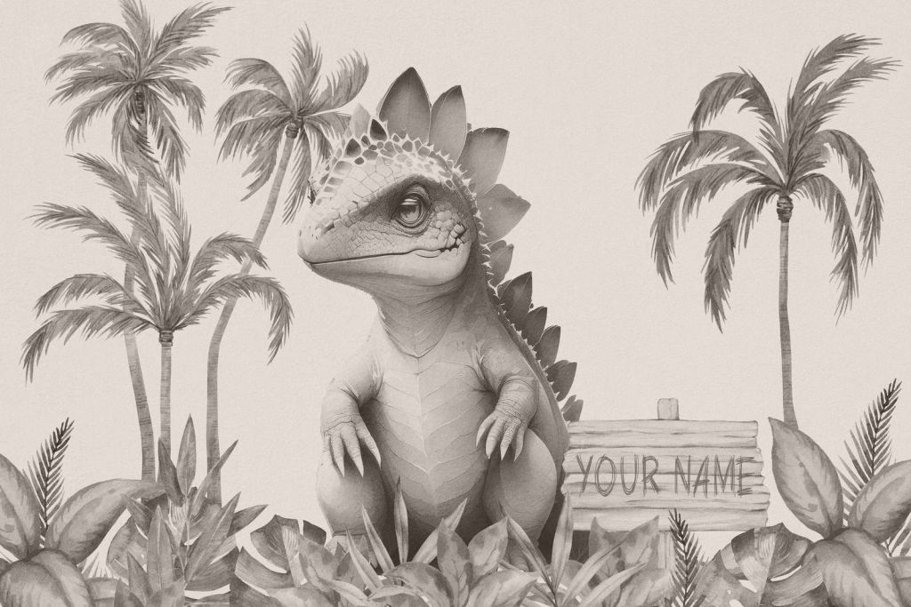 Bebé estegosaurio en la jungla beige