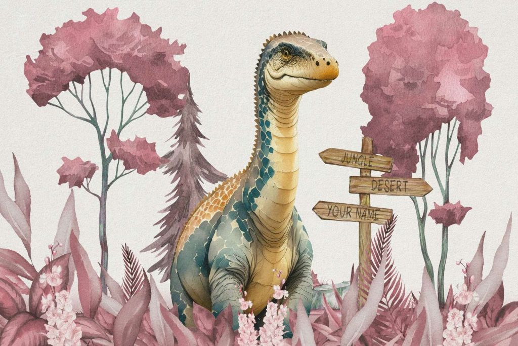 Bebé braquiosaurio en la jungla rosa
