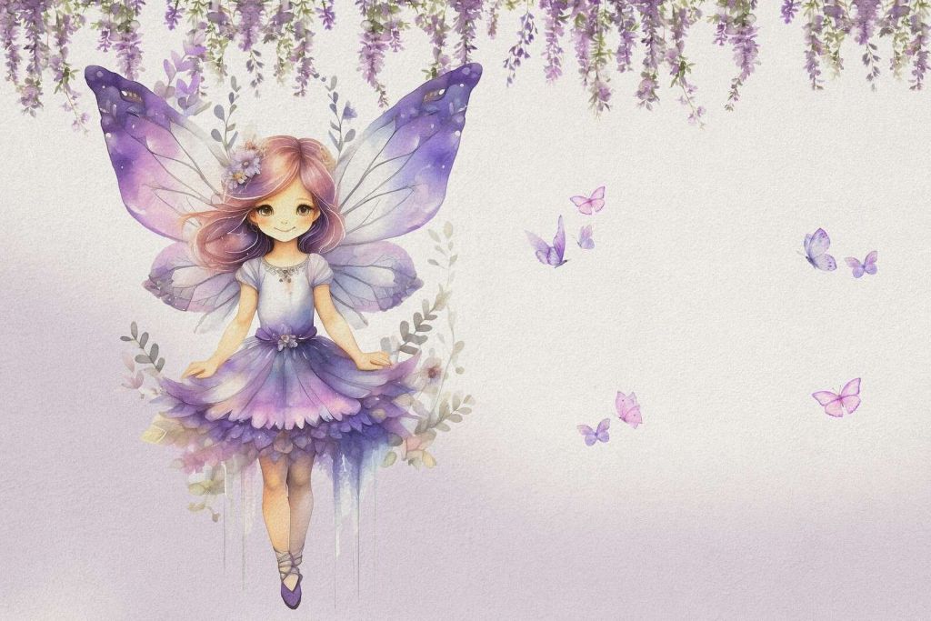 Mariposa elfo morado en jardín de flores.