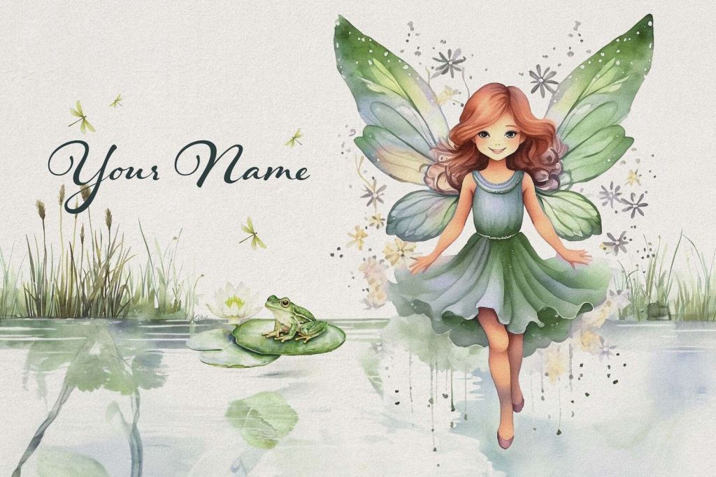 Hada del estanque con rana y libélulas