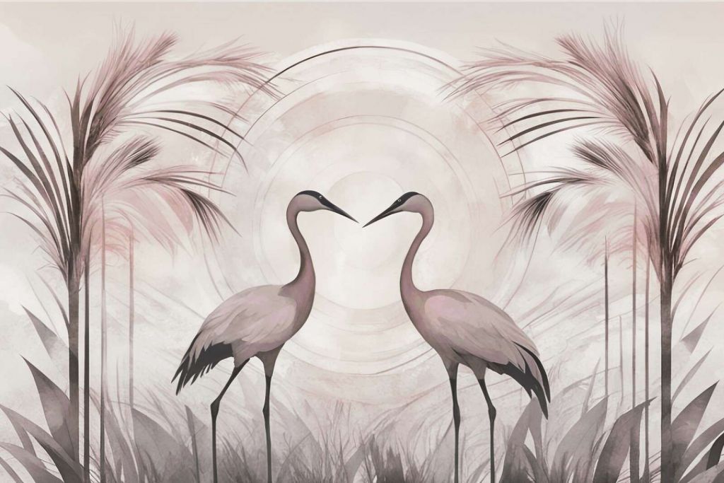 Grúas al atardecer rosa