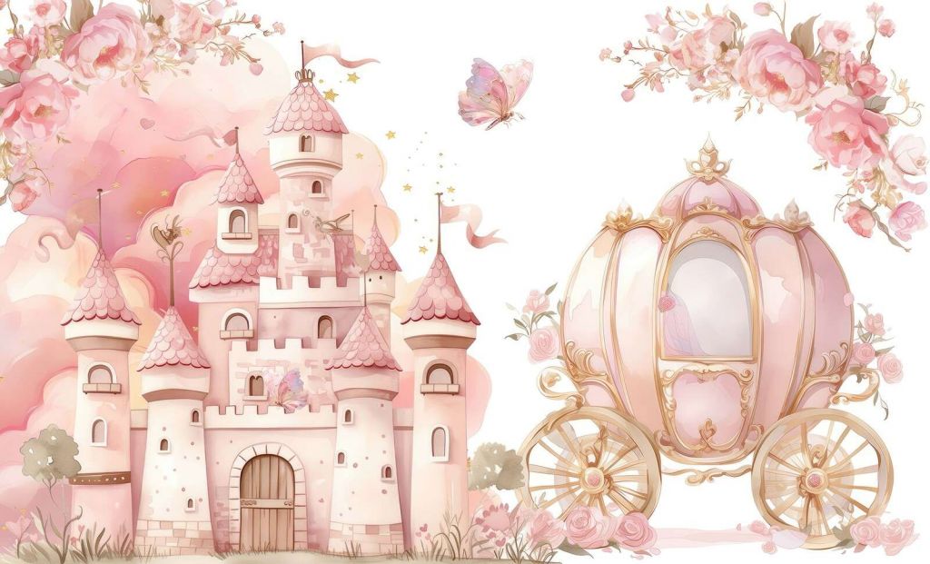 Castillo de cuentos de hadas y carroza de rosas