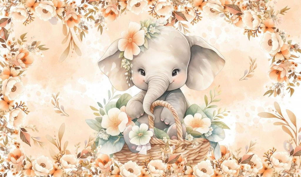 Elefante sombrío en cesta de flores