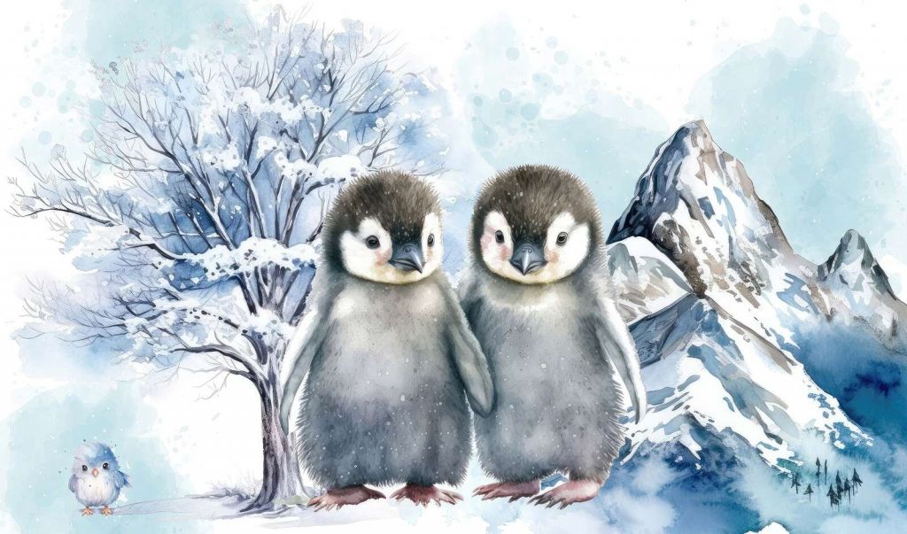 Pingüinos sombríos en paisaje invernal