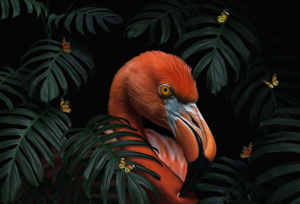 Flamenco entre el verde tropical