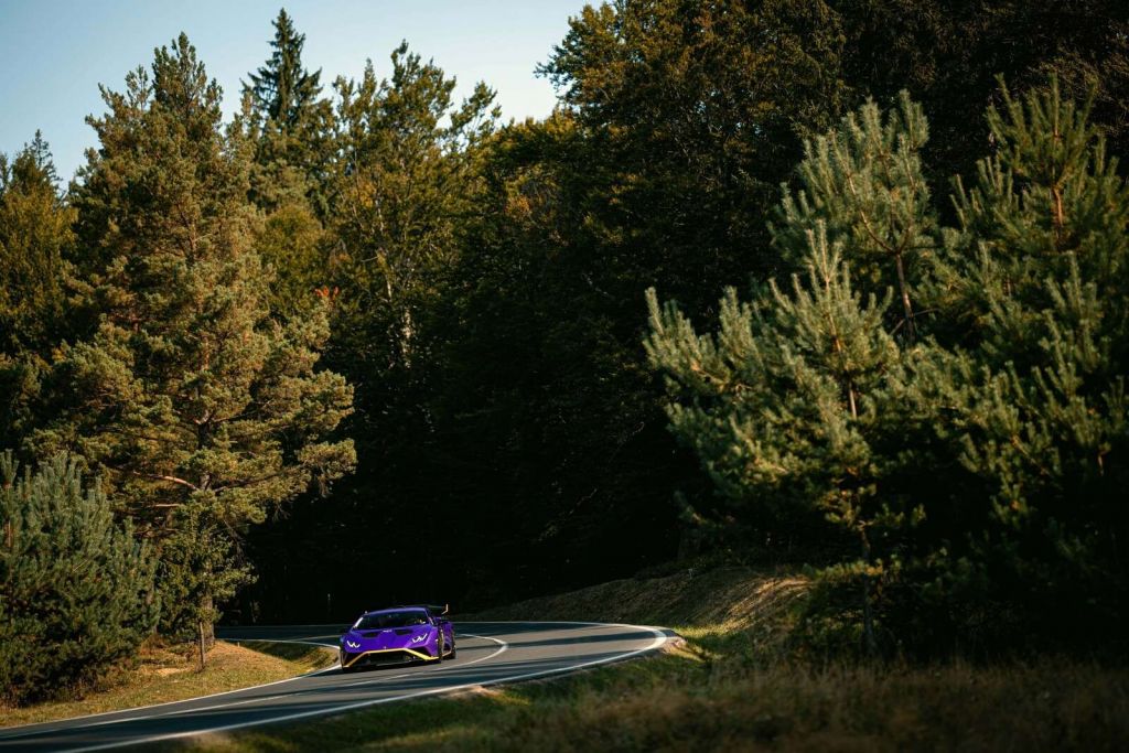 Paarse Lamborghini Huracán en paisaje boscoso