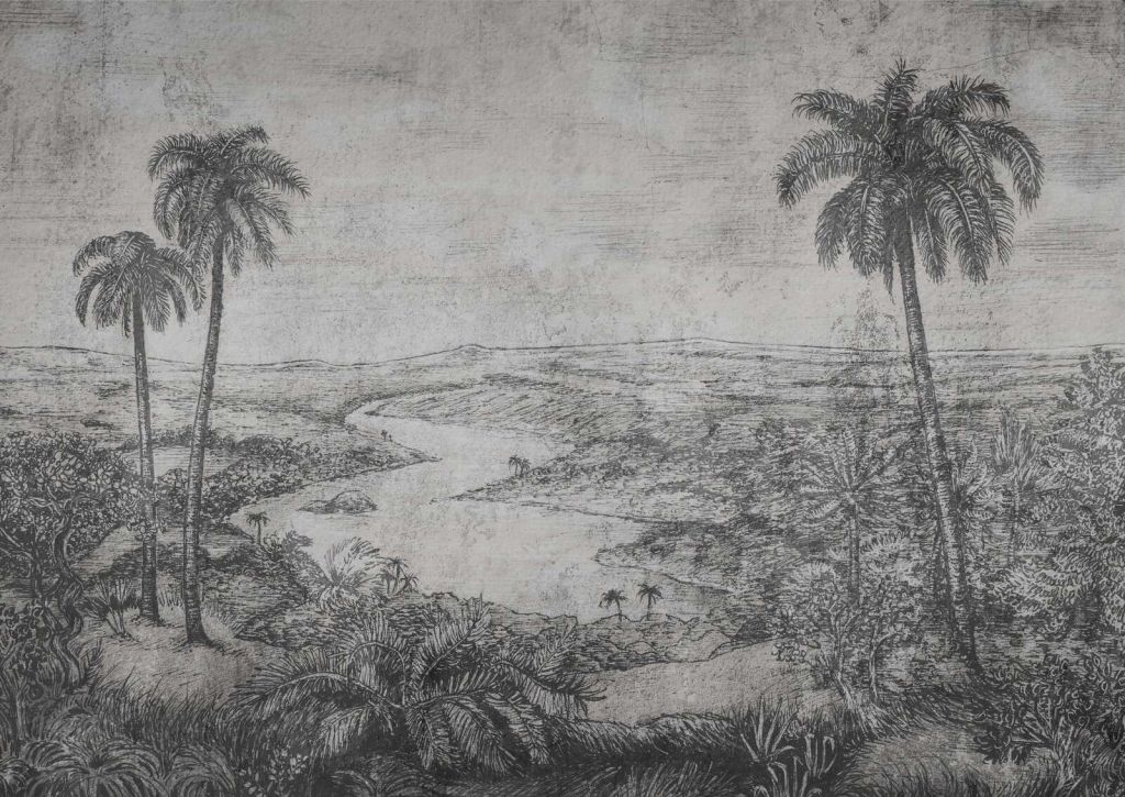Paisaje de palmeras en estilo de grabado gris