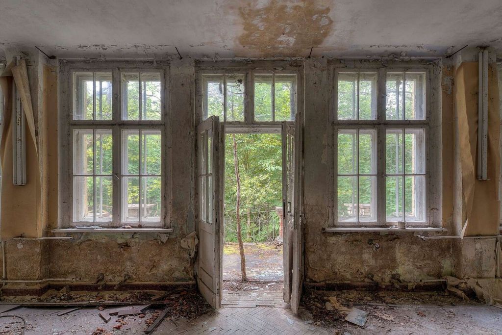 Habitación desgastada con vista al bosque
