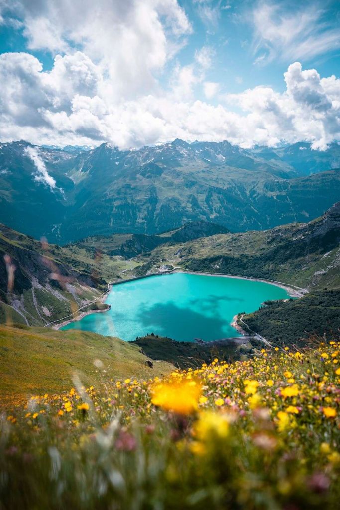 Prado de flores junto al lago de montaña turquesa.