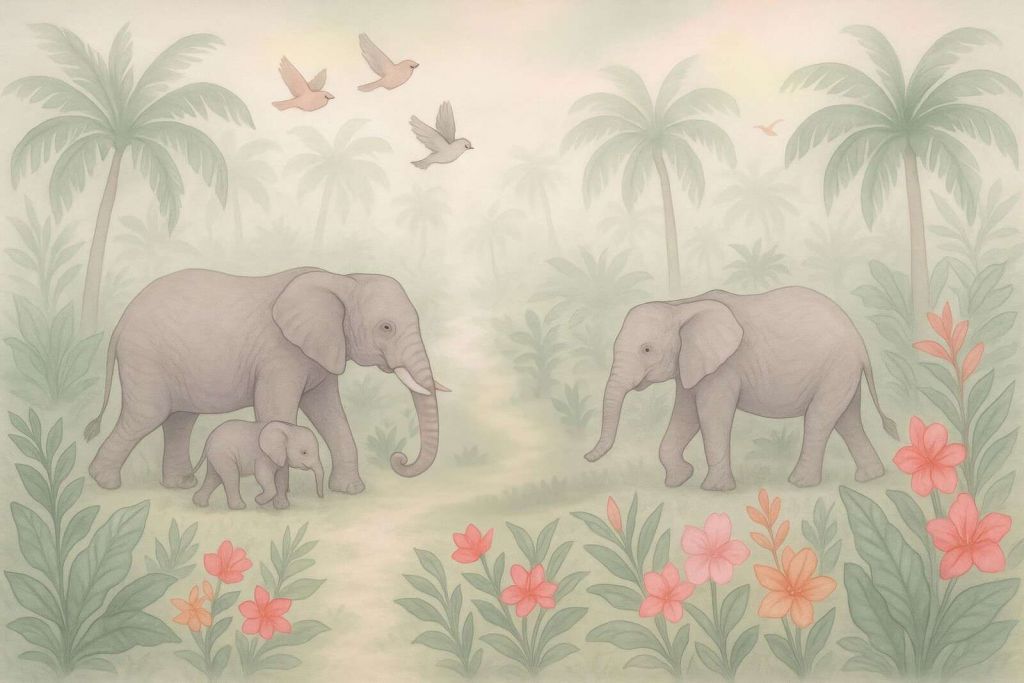 Paseo de elefantes entre flores tropicales.