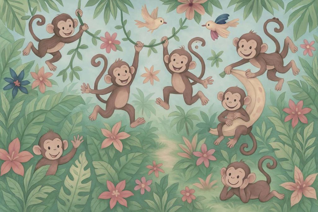 Felices monos en la jungla de flores