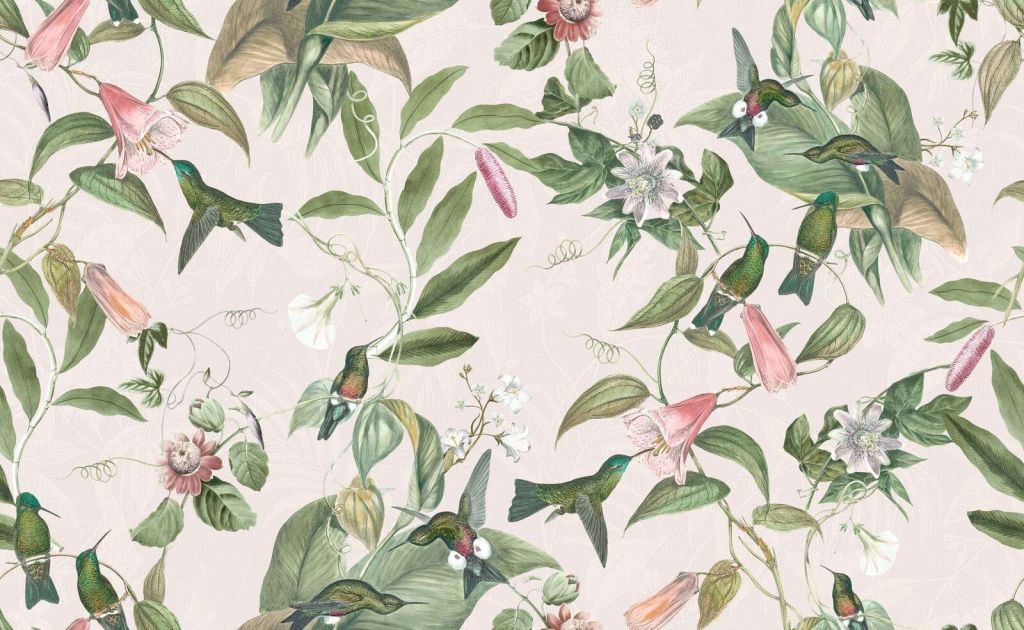 Colibríes entre flores rosadas