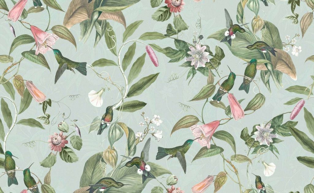 Colibríes entre suaves ramas de flores
