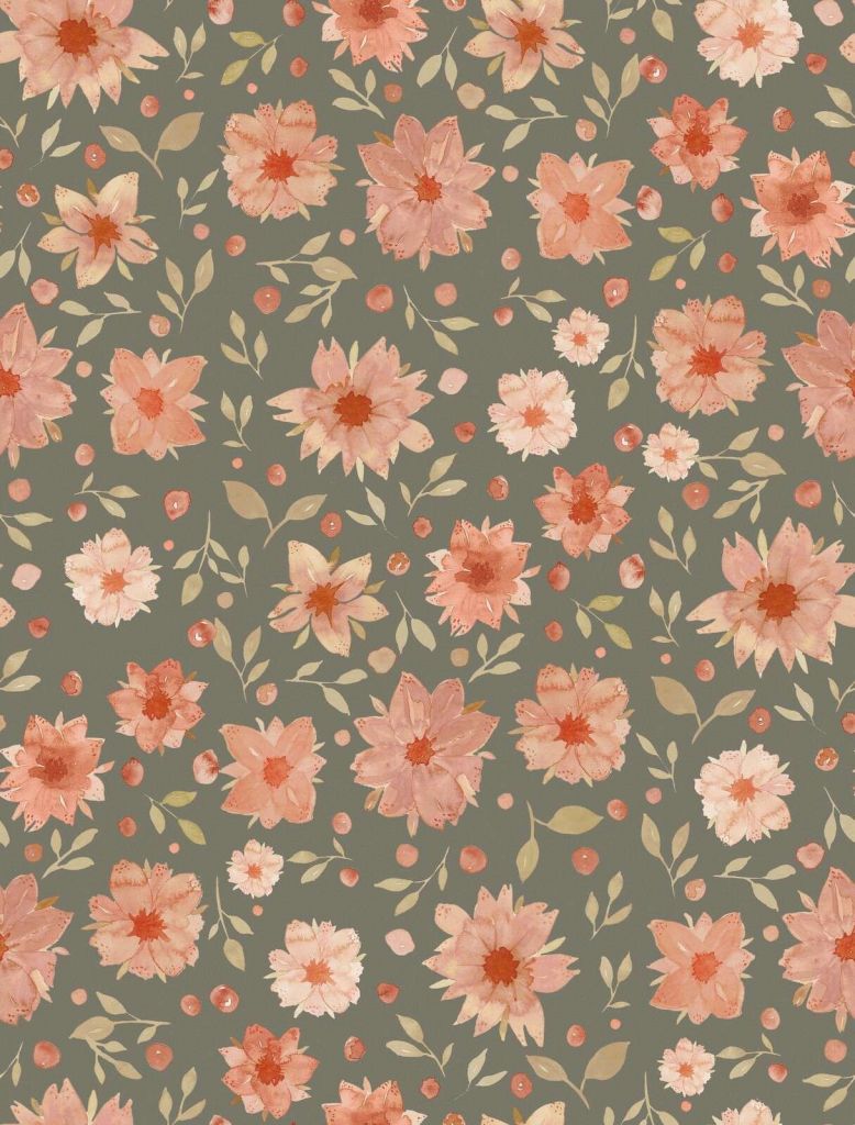 Flores acuareladas rosa coral sobre verde oliva