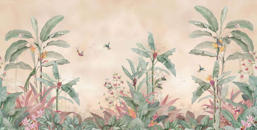 Colibríes tropicales en el bosque de plátanos.