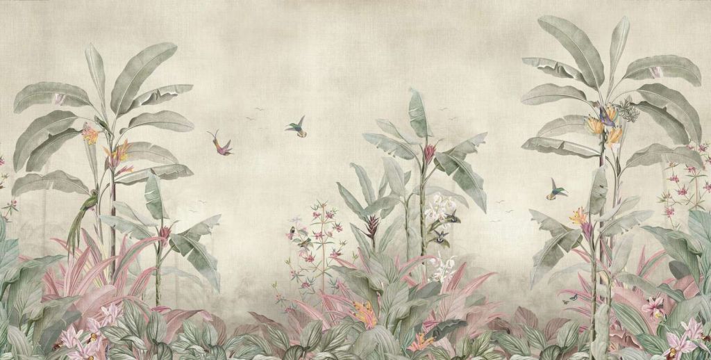 Colibríes entre suaves hojas de plátano.