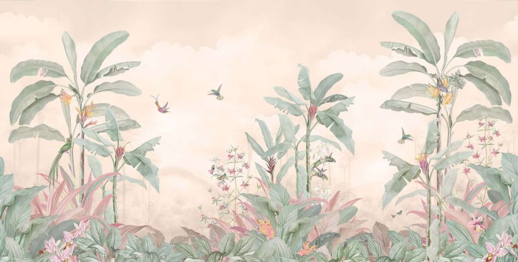 Colibríes bajo un suave cielo nublado.