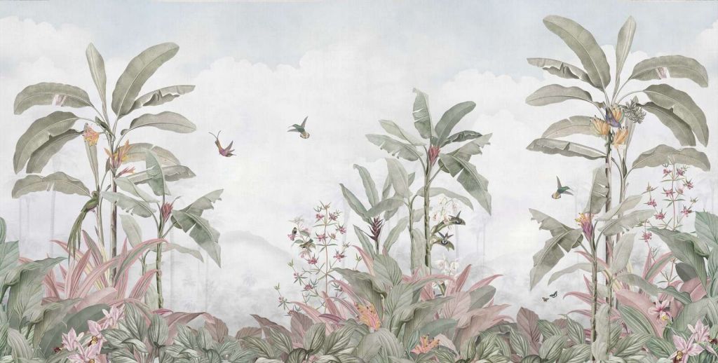 Colibríes entre hojas tropicales.