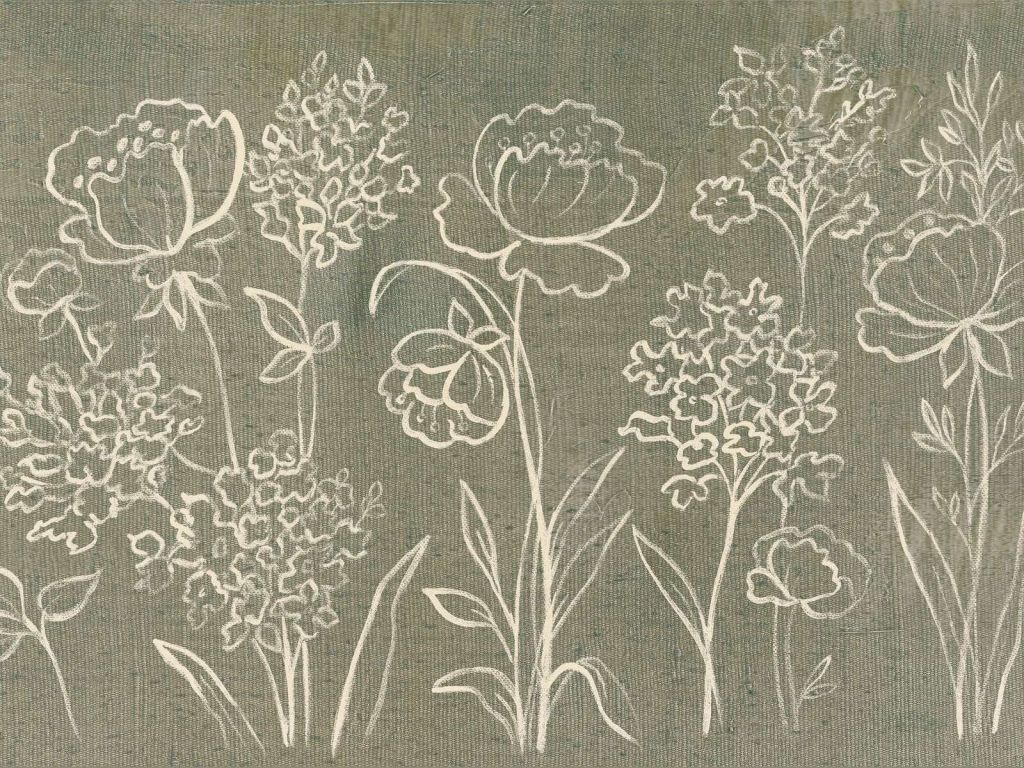 Flores de campo dibujadas en verde musgo