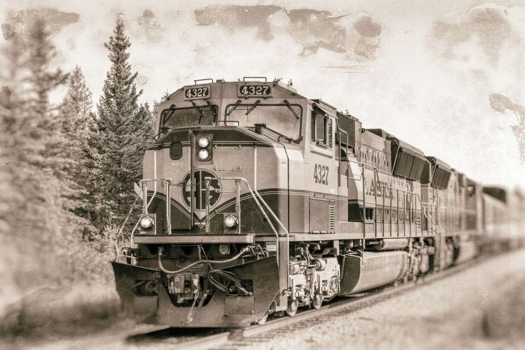 Locomotora antigua en tonos sepia.