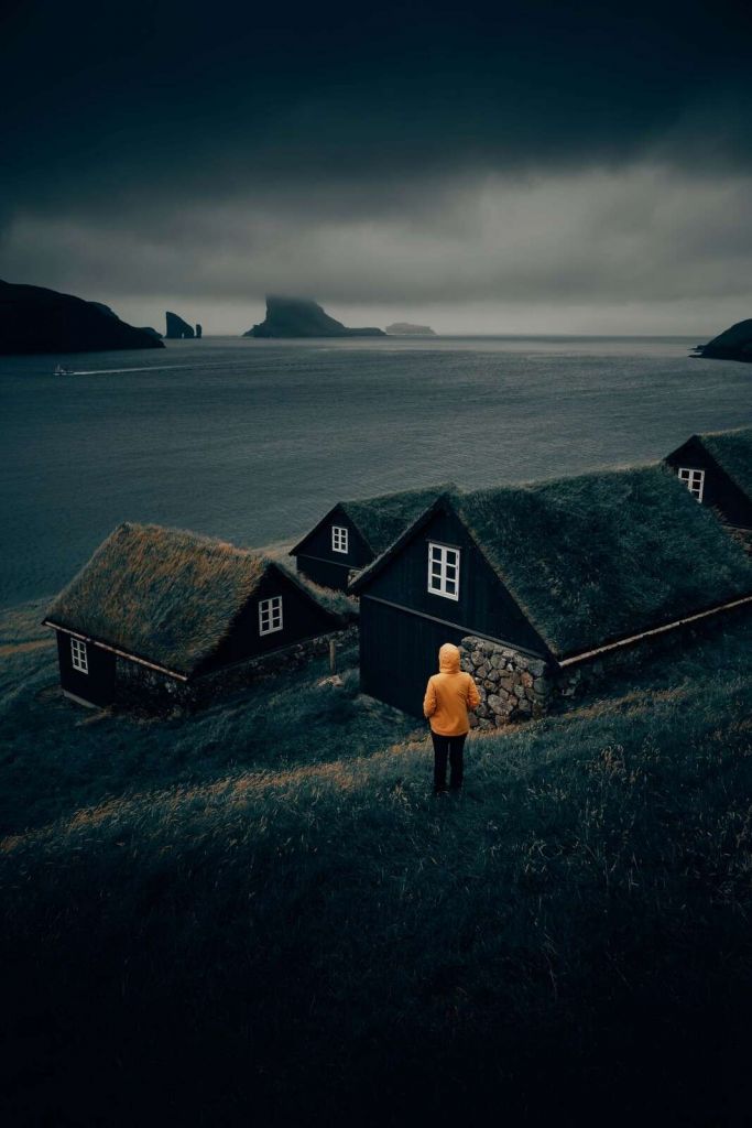 Techos de césped junto a un fiordo del norte