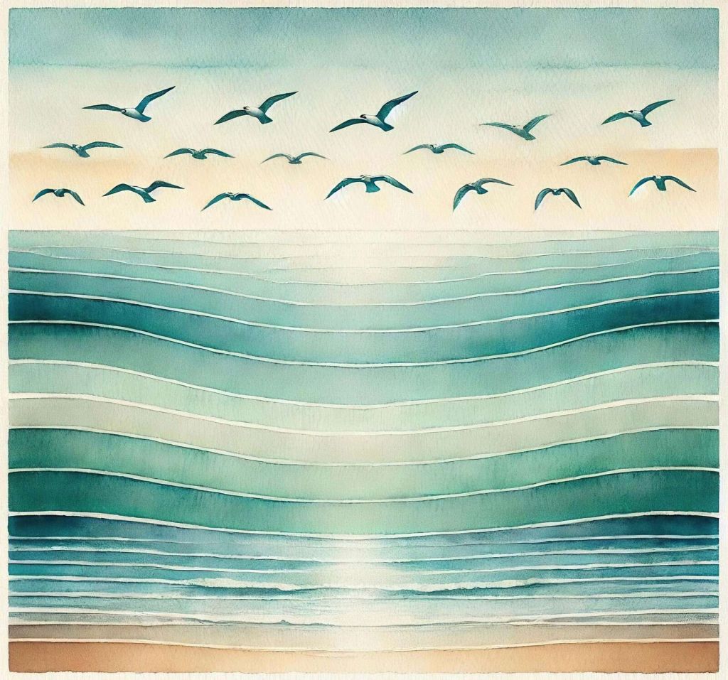 Mar de verano con gaviotas volando.