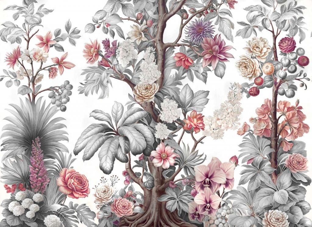 Árbol de floración botánica en tonos de gris