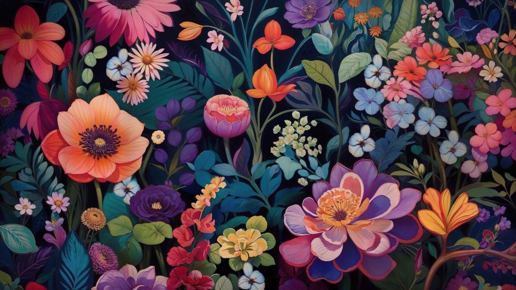 Esplendor colorido de las flores por la noche